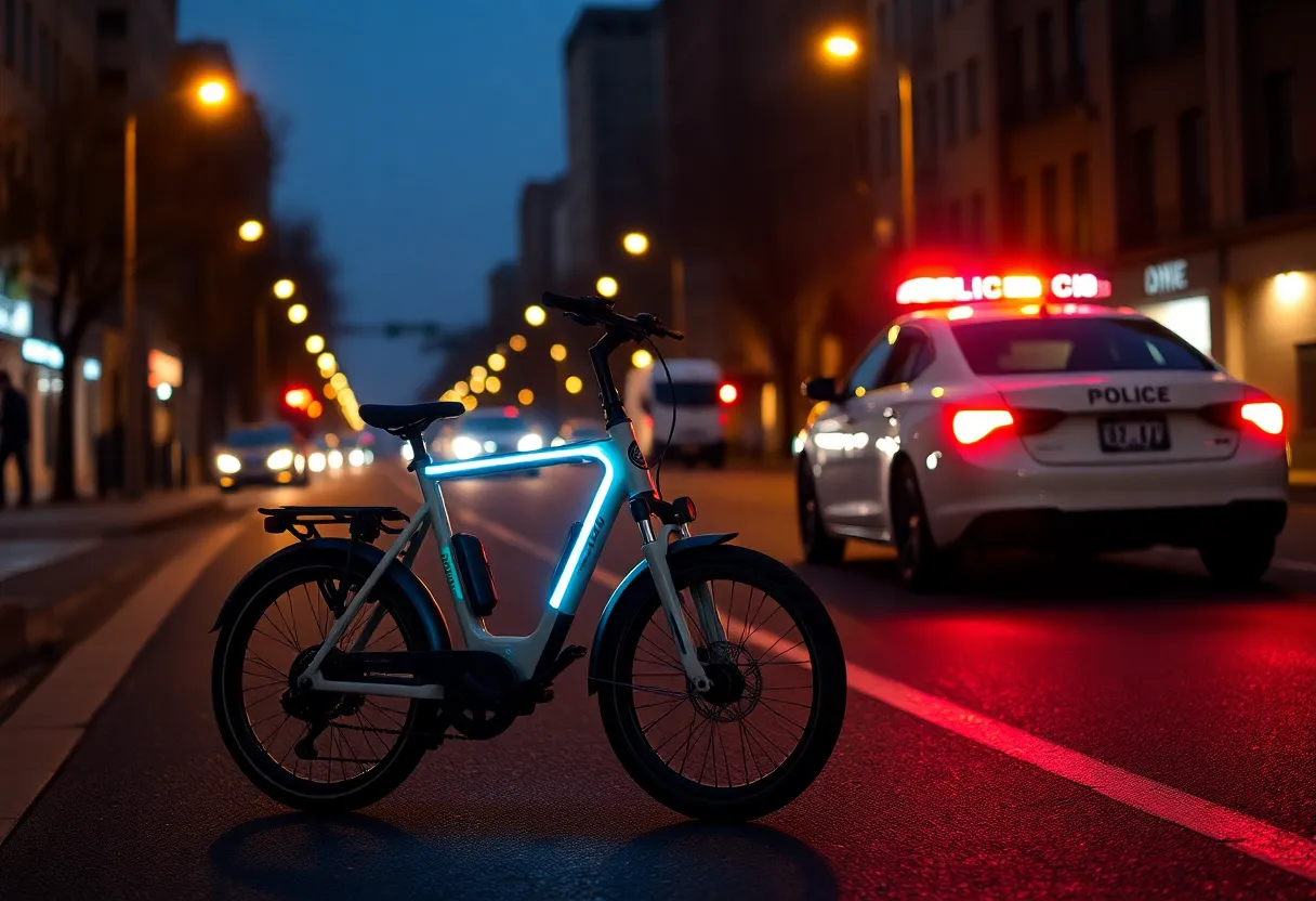 Night scene of a city street with an e-bike and police lights reflecting concern for road safety.