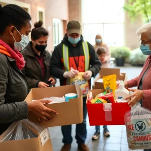 Volunteers distributing emergency shelter kits for seniors in St. Petersburg