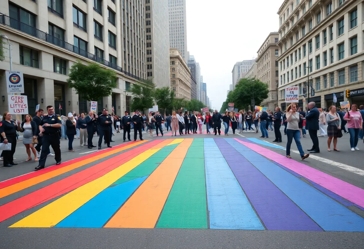 Protesters rallying for the preservation of a rainbow crosswalk in Florida