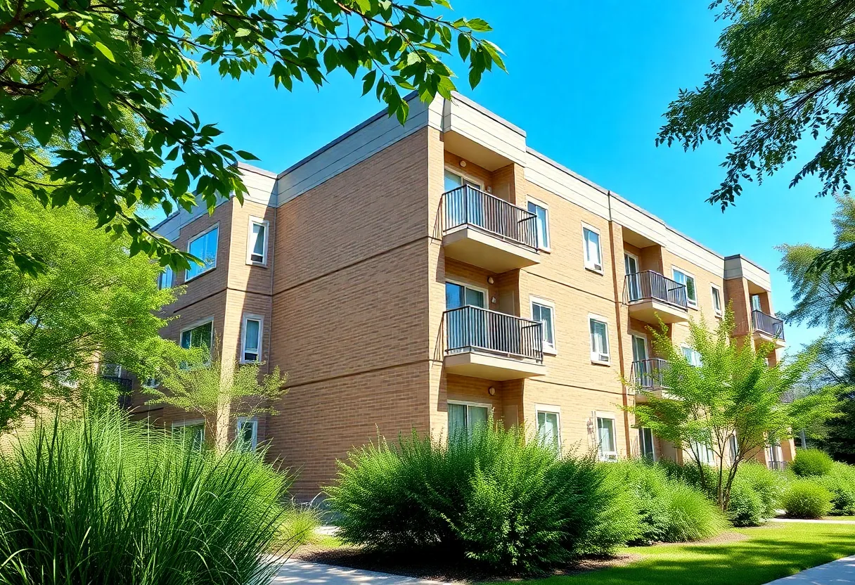 Exterior view of Founders Point Apartments, a residential complex in St. Petersburg.