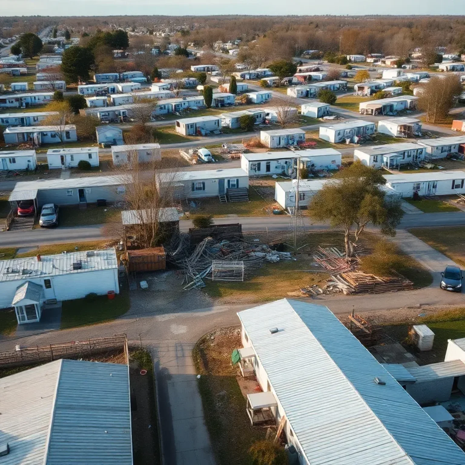 Aerial view of damaged homes in Gateway Mobile Home Park