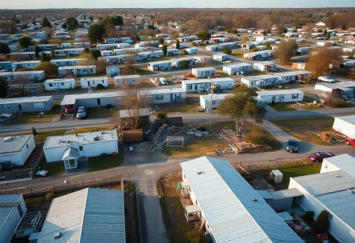 Aerial view of damaged homes in Gateway Mobile Home Park