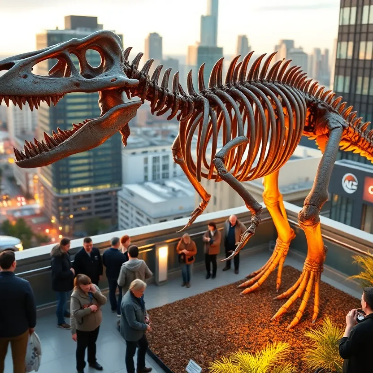 Rare Gorgosaurus skeleton displayed on a rooftop parking garage in St. Petersburg.