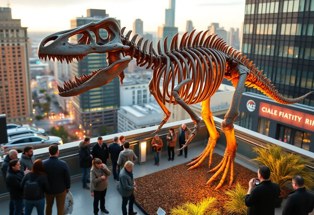 Rare Gorgosaurus skeleton displayed on a rooftop parking garage in St. Petersburg.