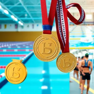 A swimmer competing in a pool with medals in the background.