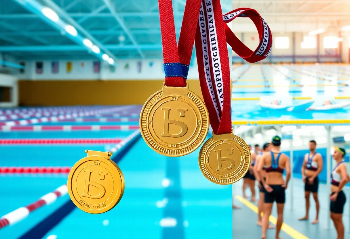 A swimmer competing in a pool with medals in the background.