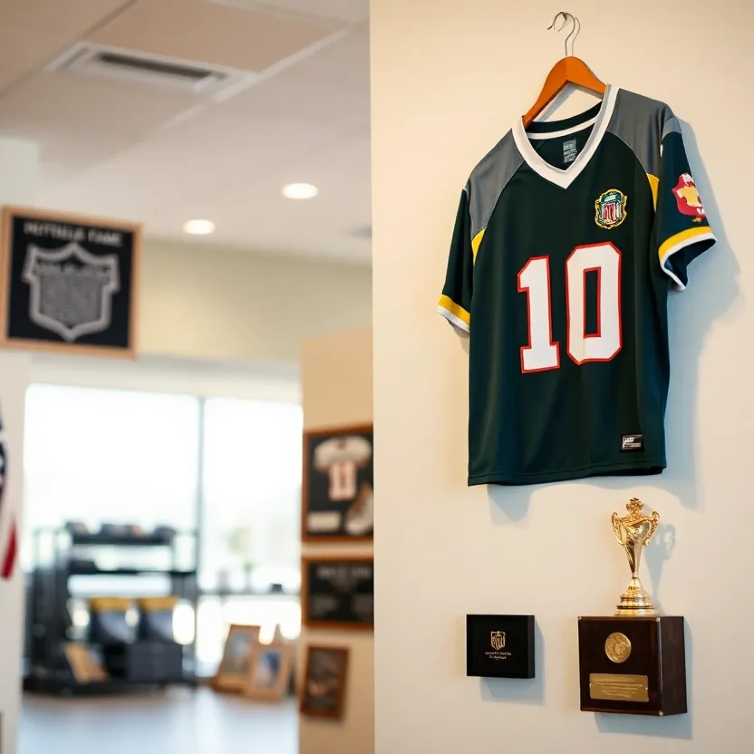 Ex football coach's jersey displayed in a sports hall of fame with awards