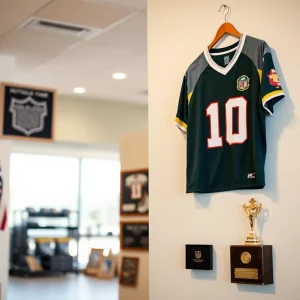 Ex football coach's jersey displayed in a sports hall of fame with awards