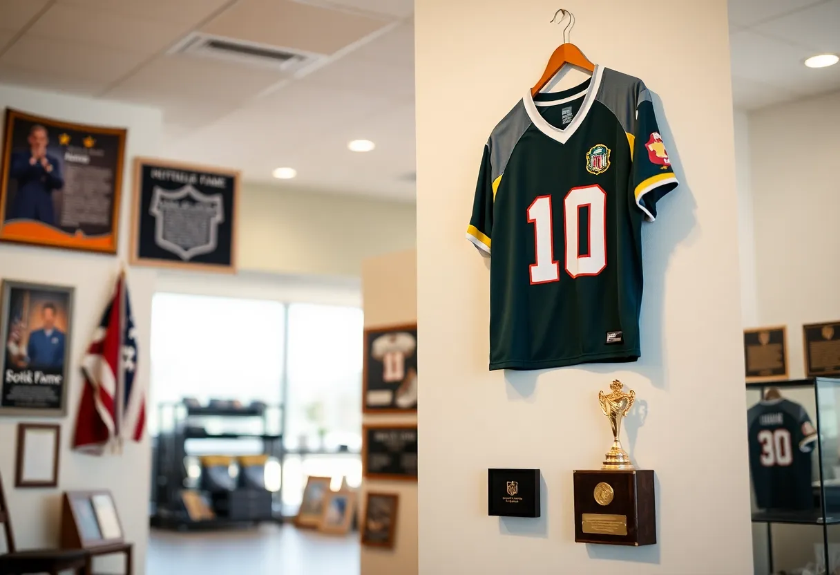 Ex football coach's jersey displayed in a sports hall of fame with awards