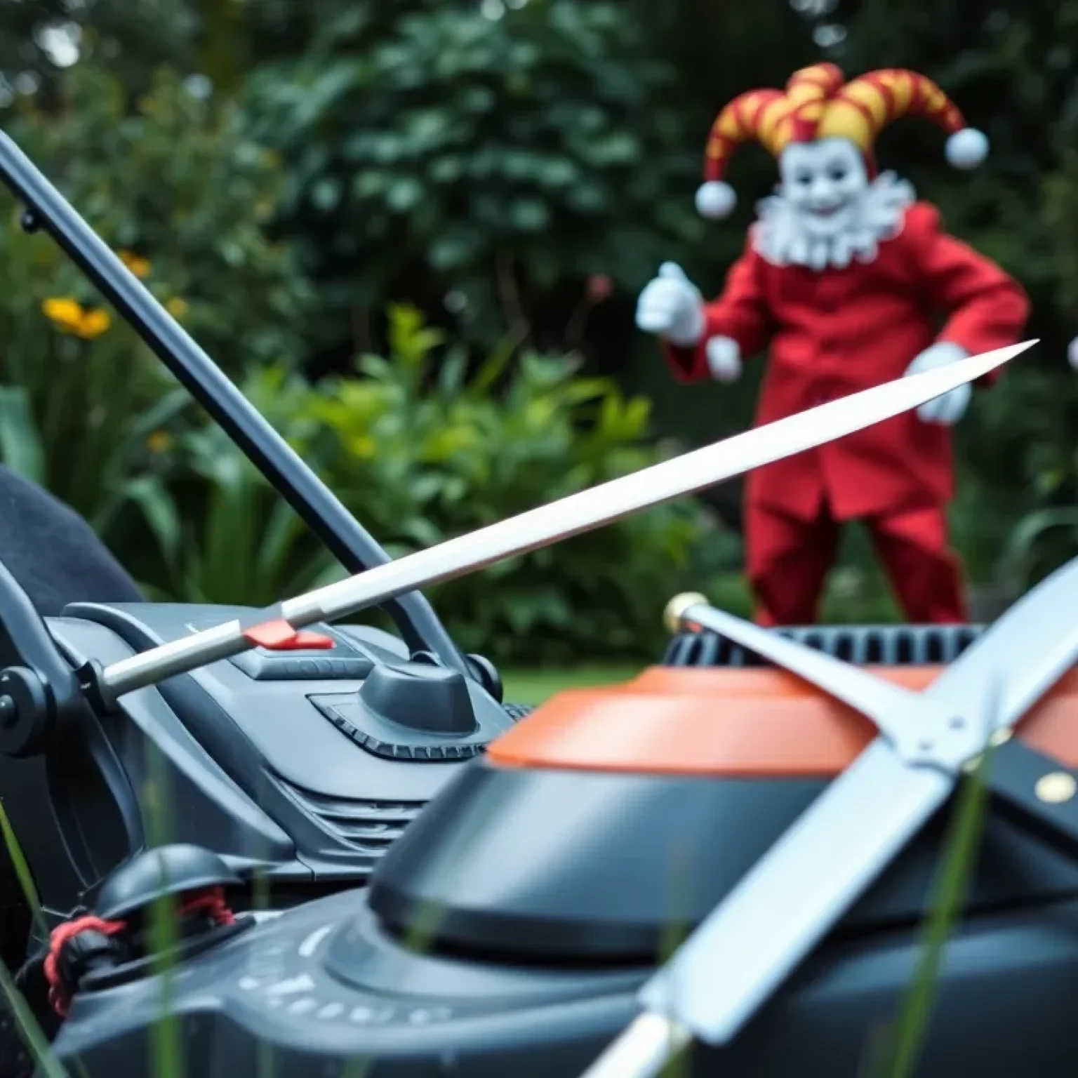 An abstract representation of a jester costume and lawn equipment, highlighting public safety themes.
