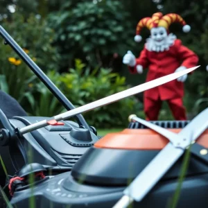 An abstract representation of a jester costume and lawn equipment, highlighting public safety themes.