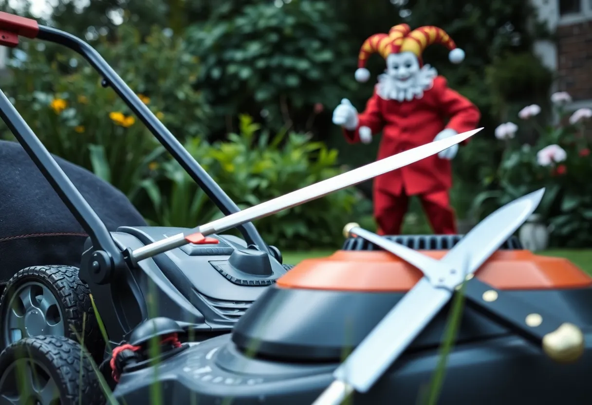 An abstract representation of a jester costume and lawn equipment, highlighting public safety themes.