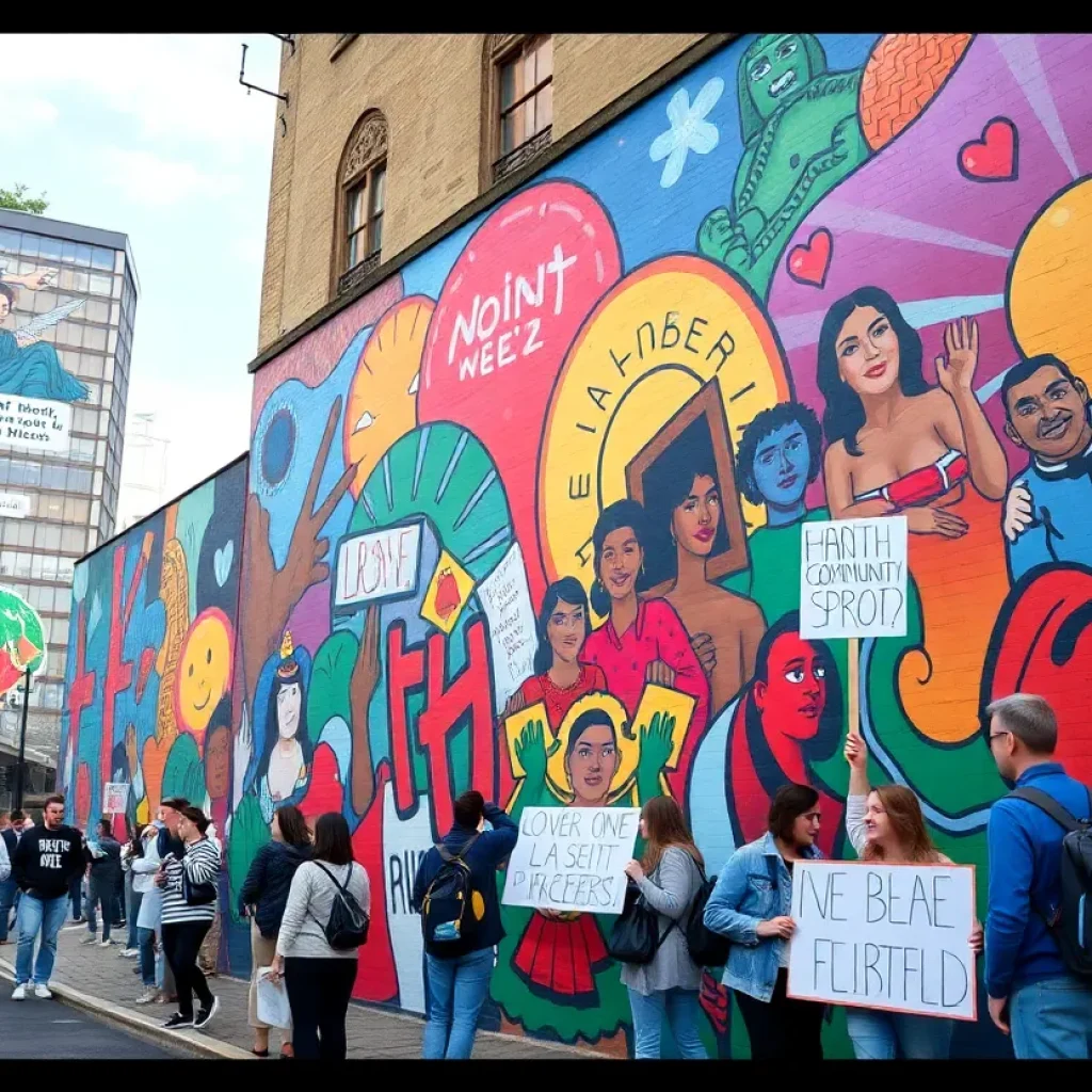 Activists protesting near a mural in St. Petersburg