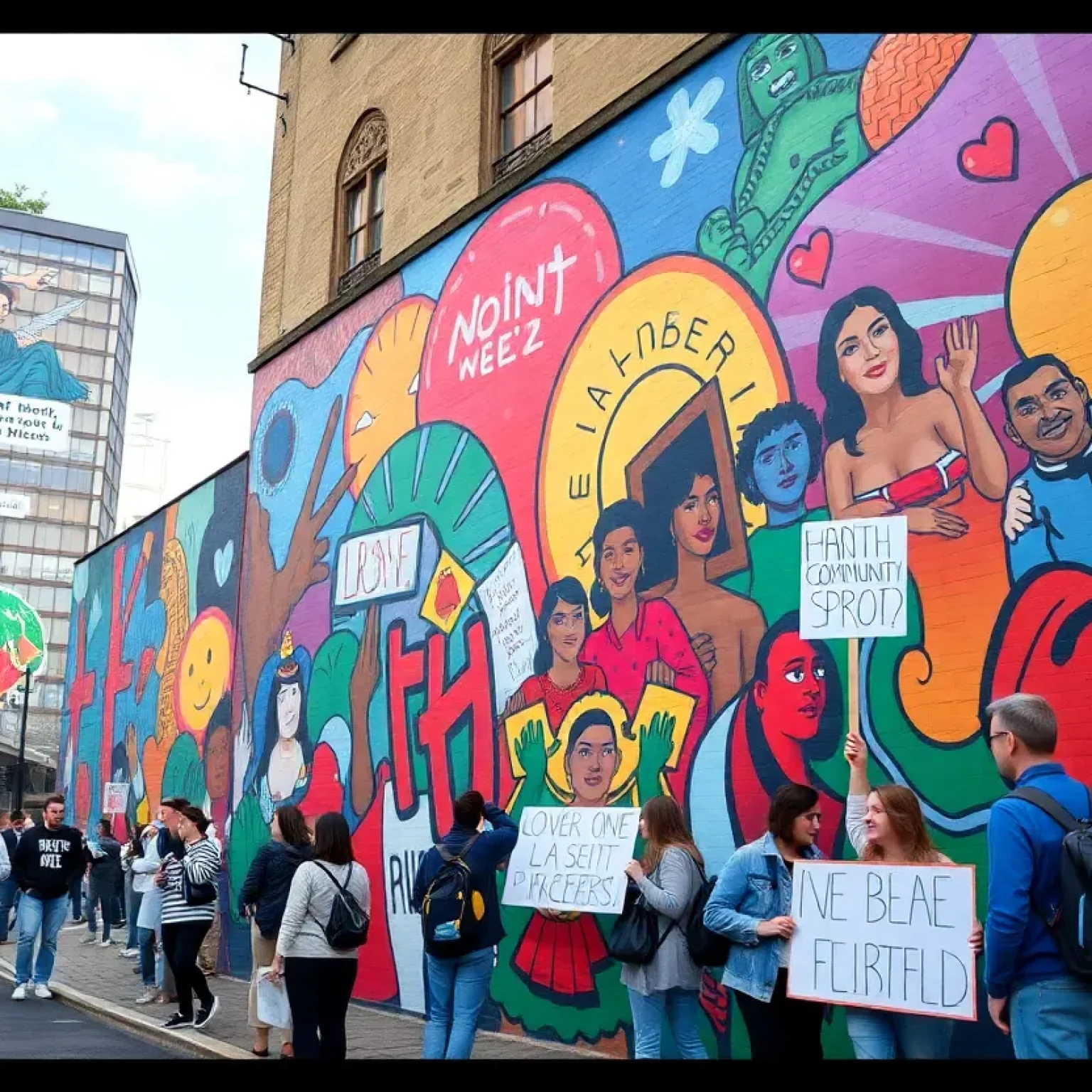 Activists protesting near a mural in St. Petersburg