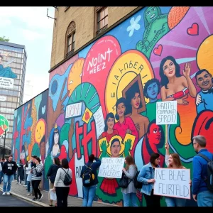 Activists protesting near a mural in St. Petersburg
