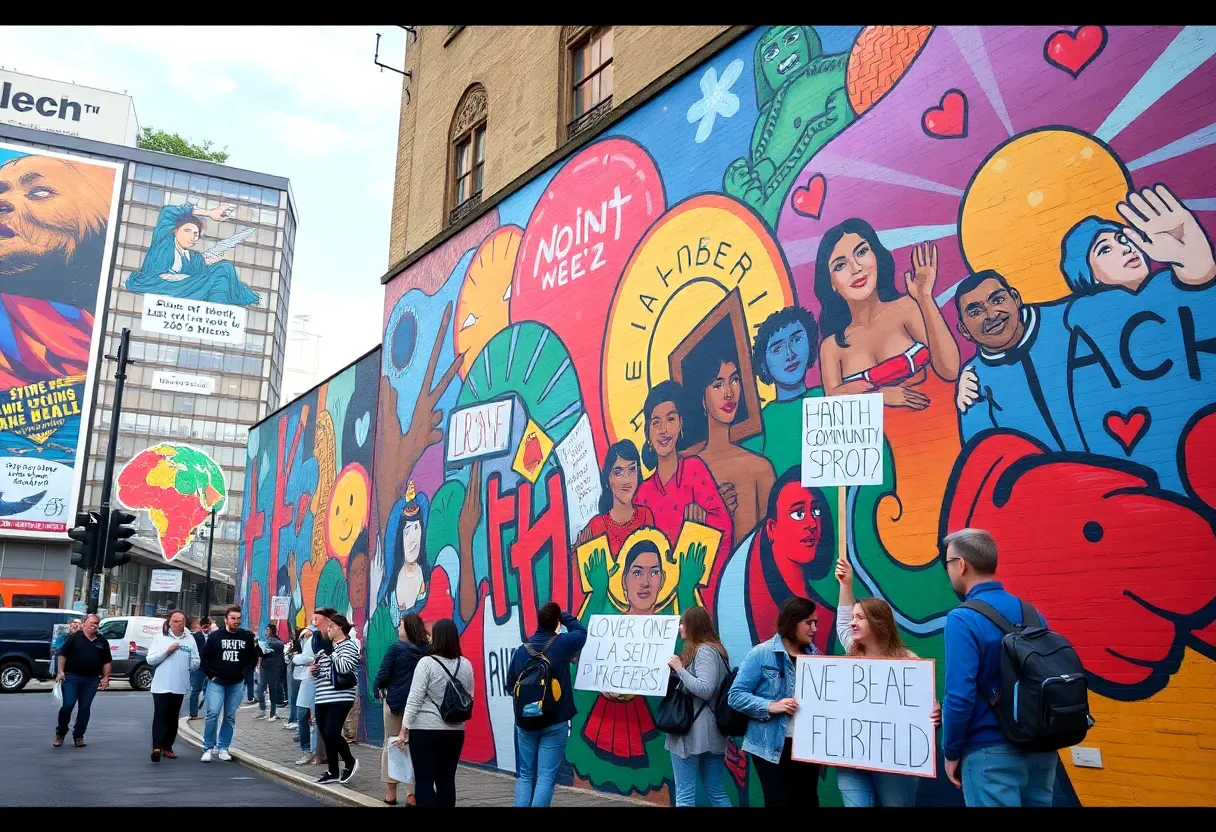 Activists protesting near a mural in St. Petersburg