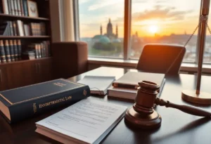 Law office interior with books on environmental law and a city skyline view.