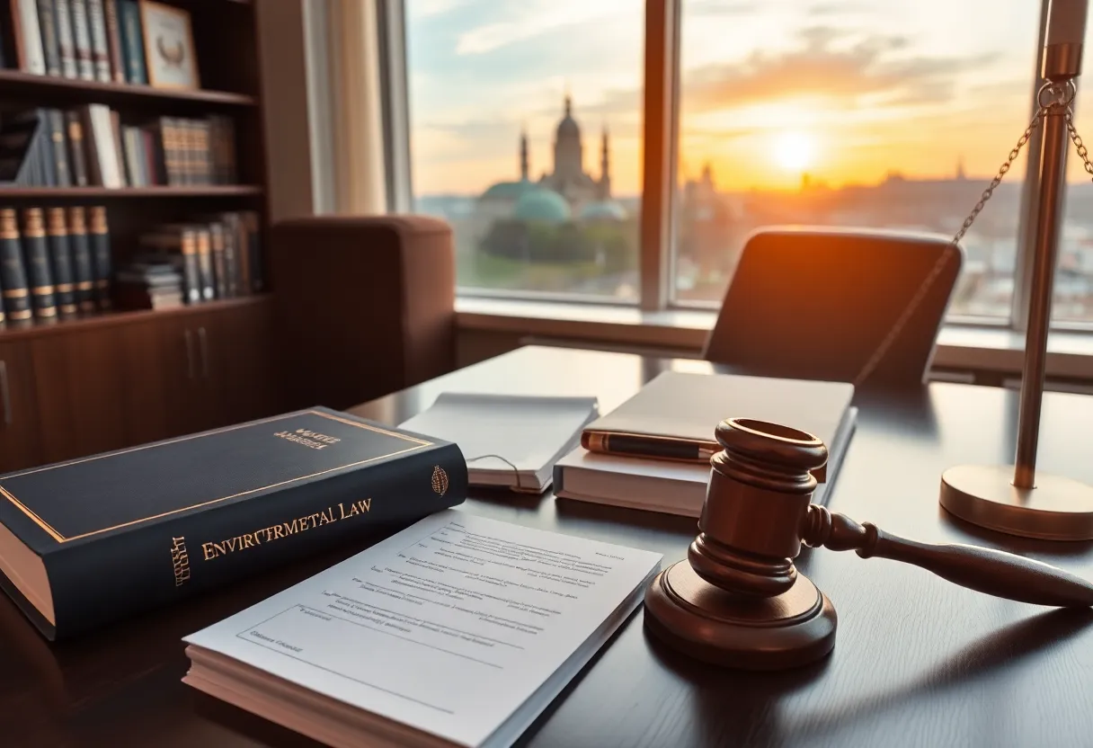 Law office interior with books on environmental law and a city skyline view.
