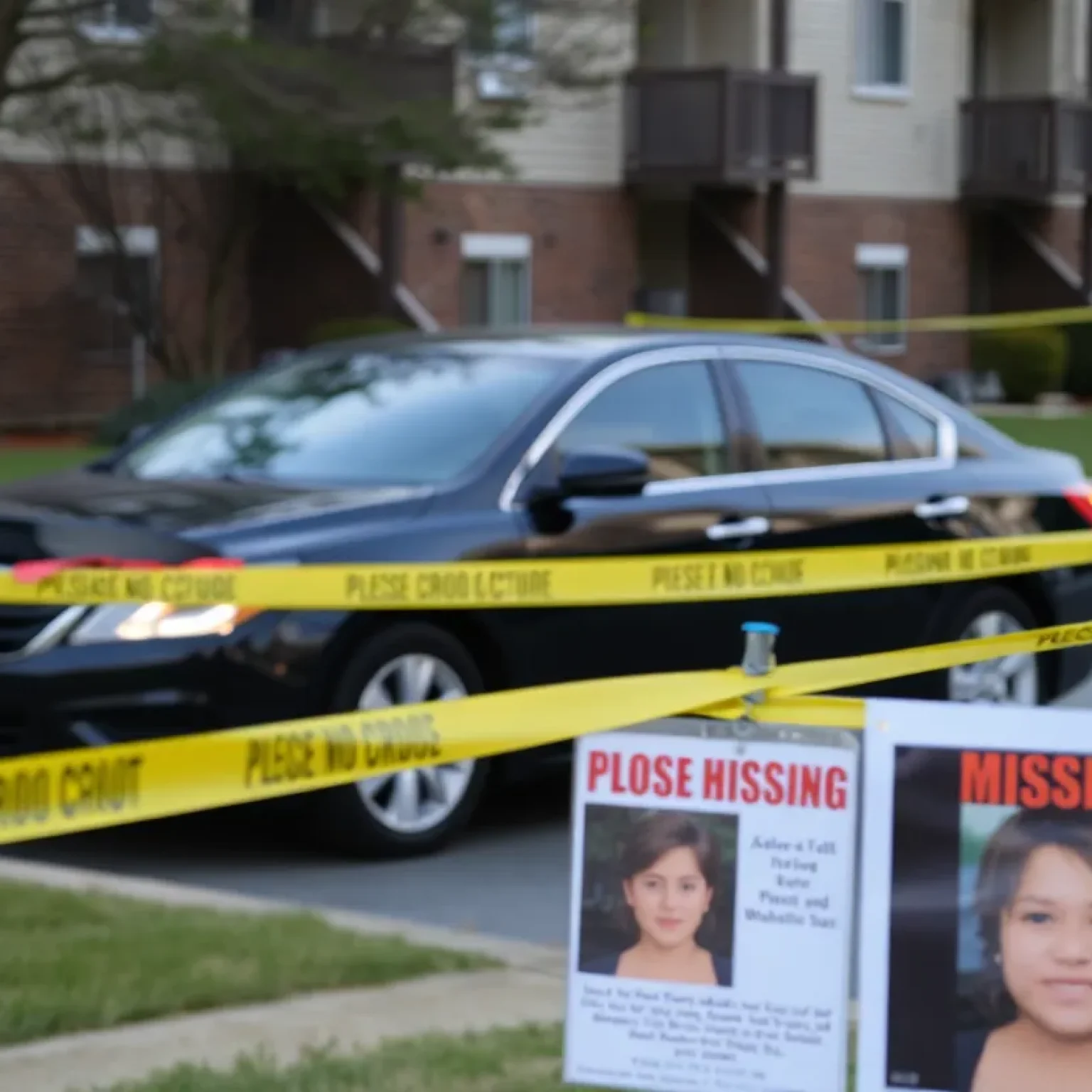 Police tape and missing person poster at apartment complex