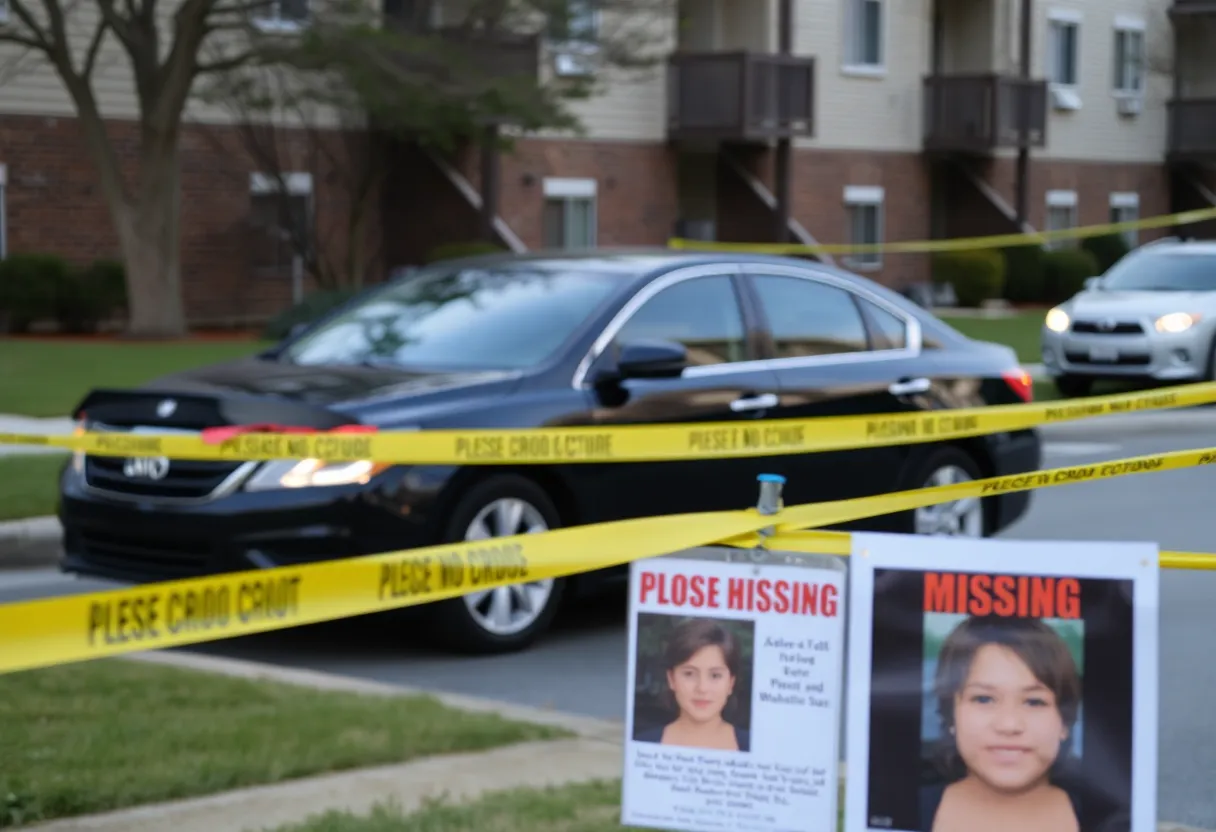 Police tape and missing person poster at apartment complex