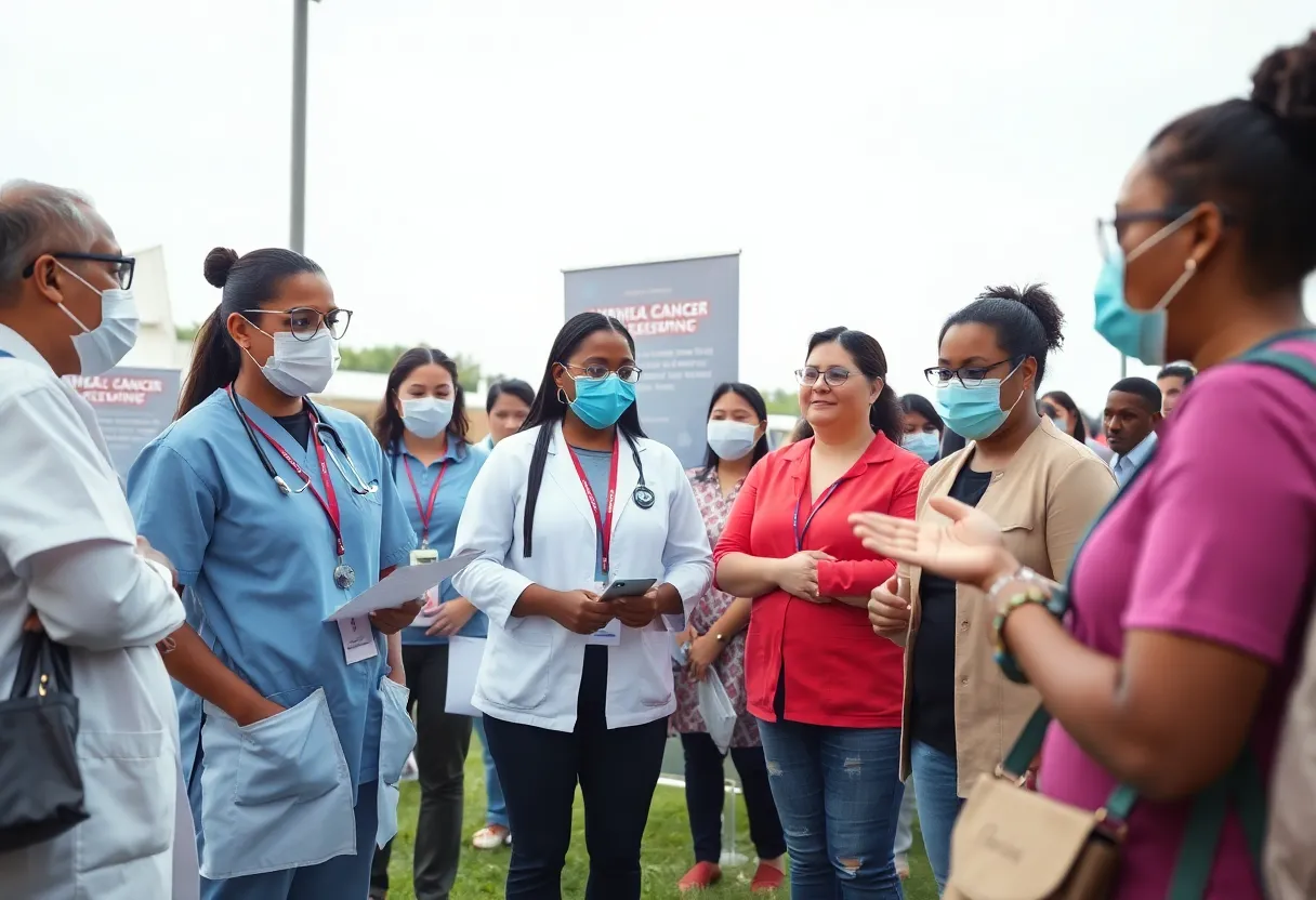 Healthcare professionals providing cancer screenings at a community clinic.