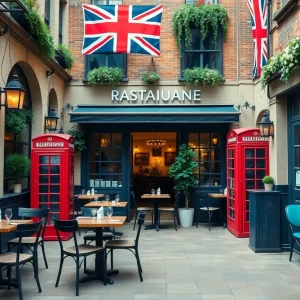 Exterior view of The Moon Under Water Restaurant with outdoor seating and British-themed decor.