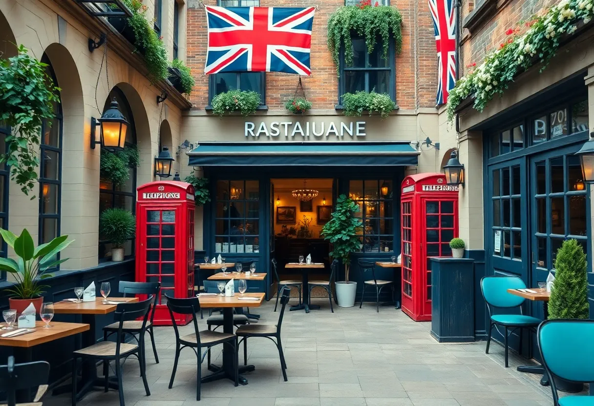 Exterior view of The Moon Under Water Restaurant with outdoor seating and British-themed decor.
