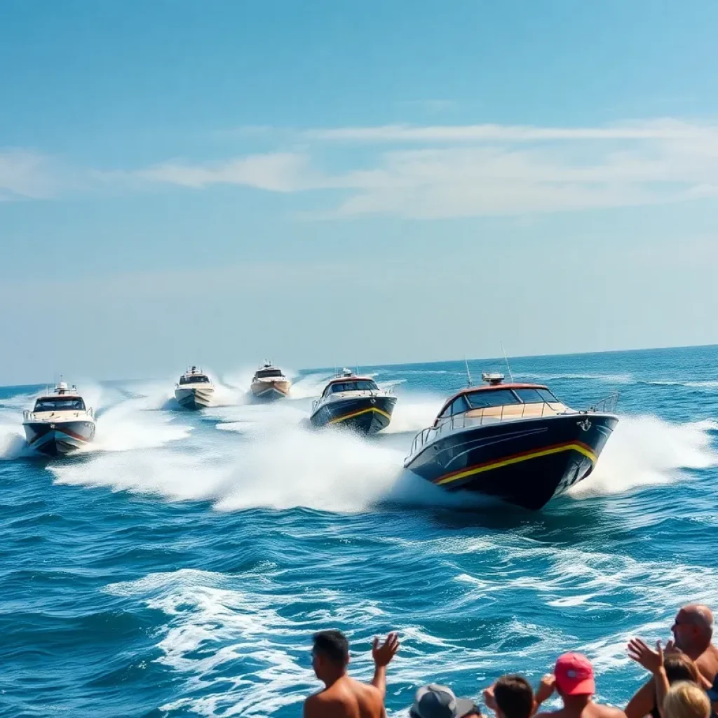 A thrilling offshore racing event in St. Petersburg featuring multiple boats and eager fans.