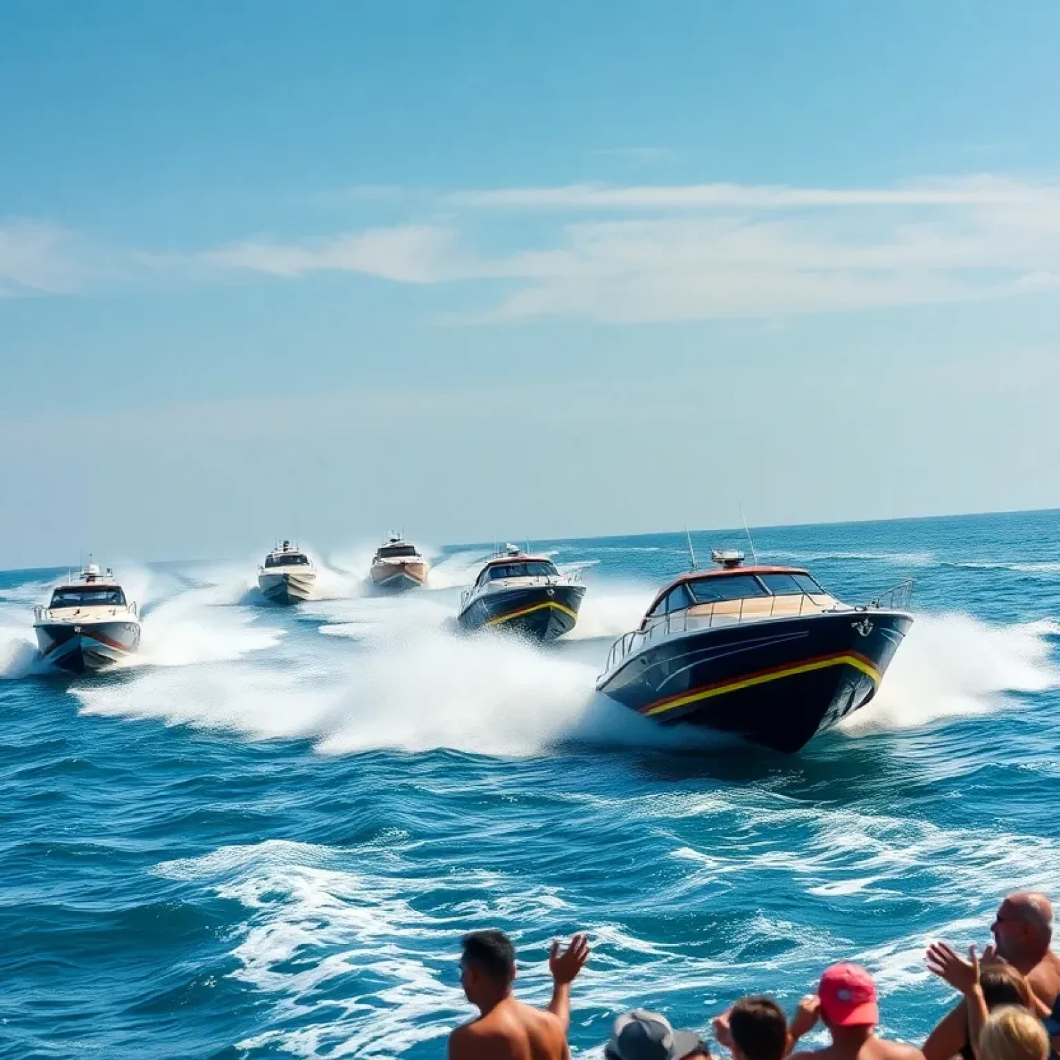 A thrilling offshore racing event in St. Petersburg featuring multiple boats and eager fans.