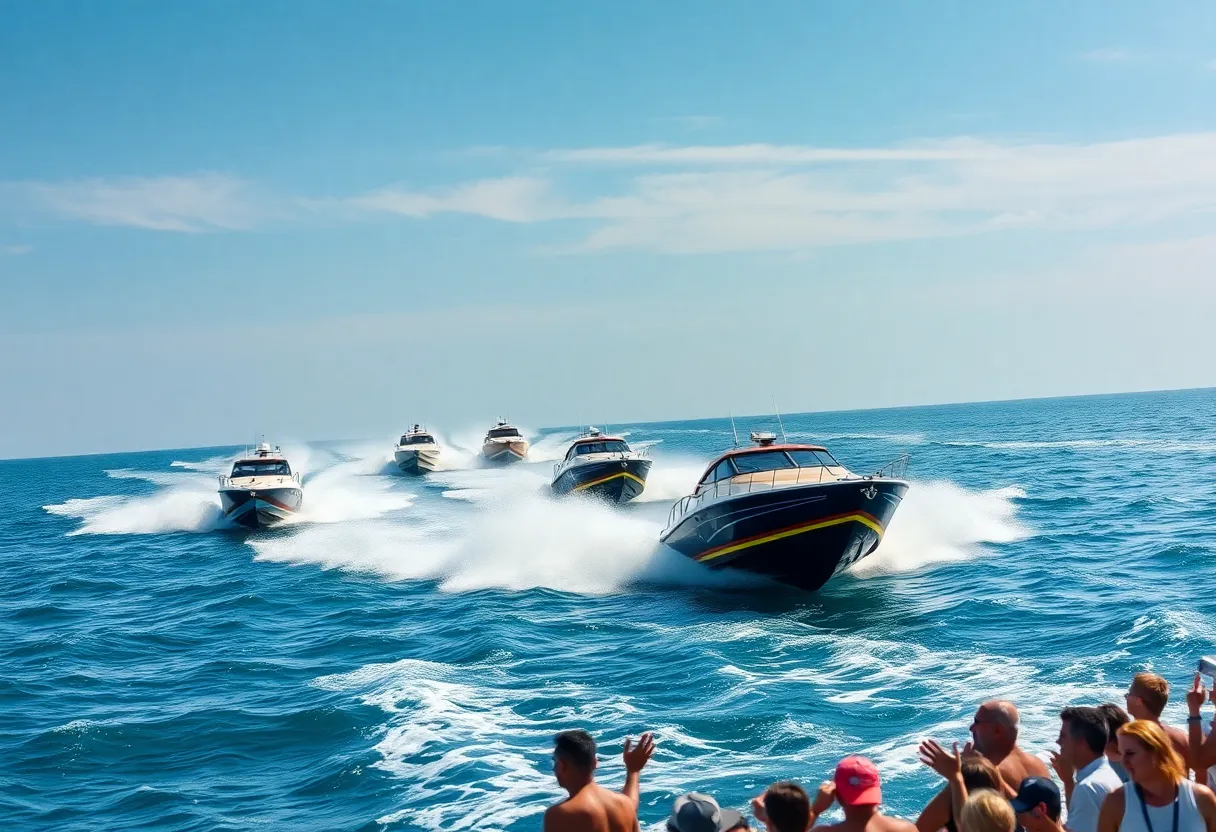 A thrilling offshore racing event in St. Petersburg featuring multiple boats and eager fans.