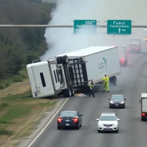 An overturned tractor-trailer on a highway exit ramp surrounded by emergency services