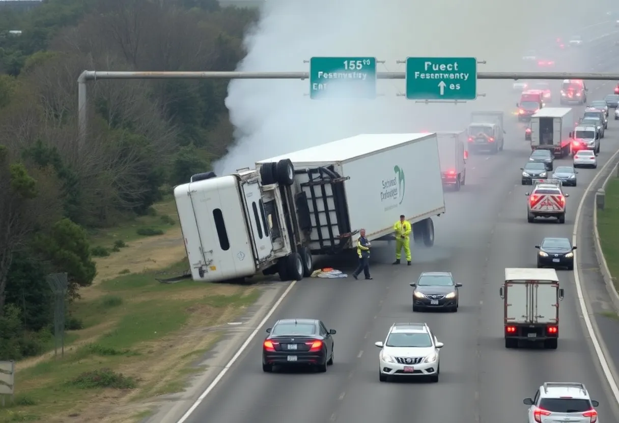 An overturned tractor-trailer on a highway exit ramp surrounded by emergency services
