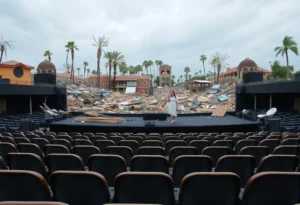 Empty concert hall with hurricane damage outside