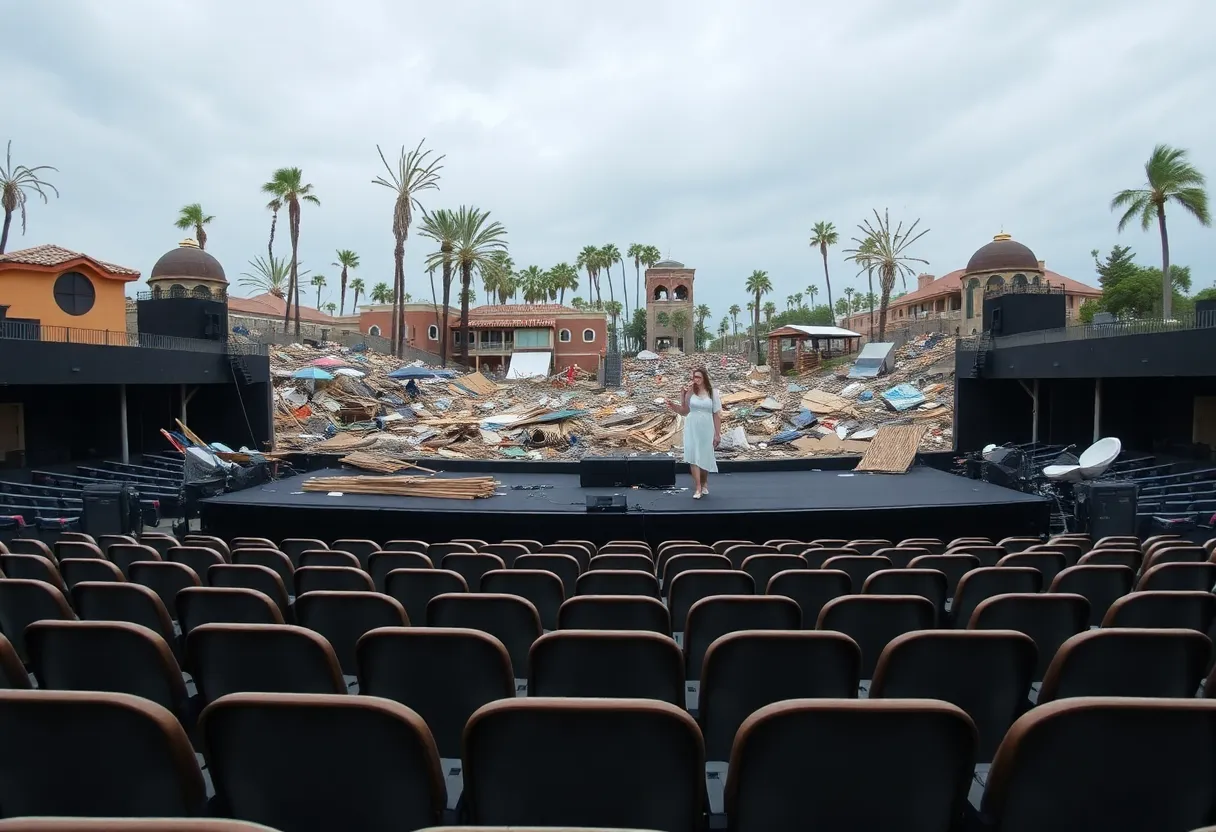 Empty concert hall with hurricane damage outside