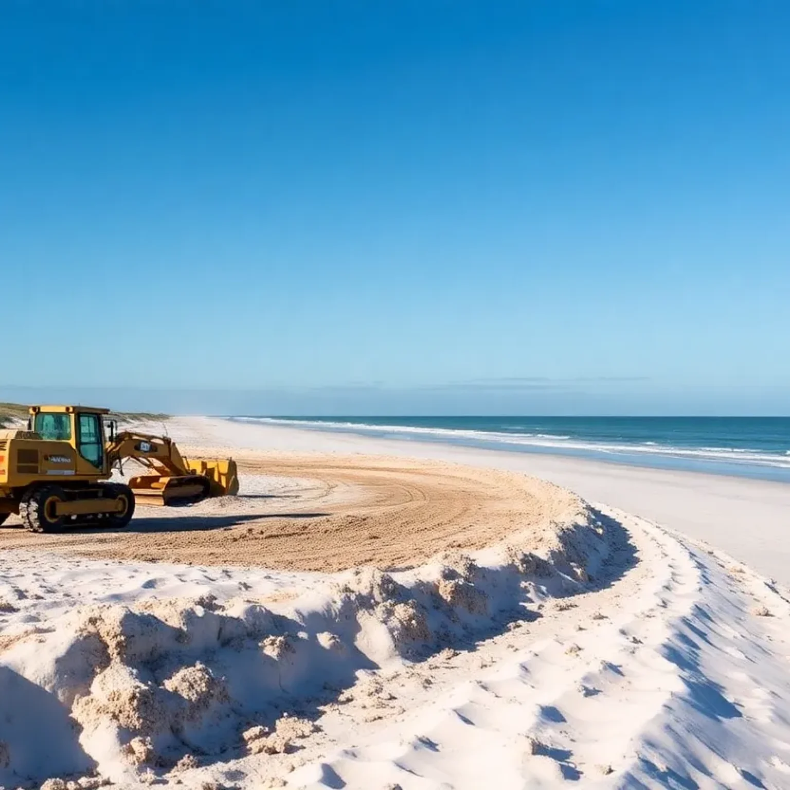 Scenic view of Pinellas County beach under renovation with construction equipment.
