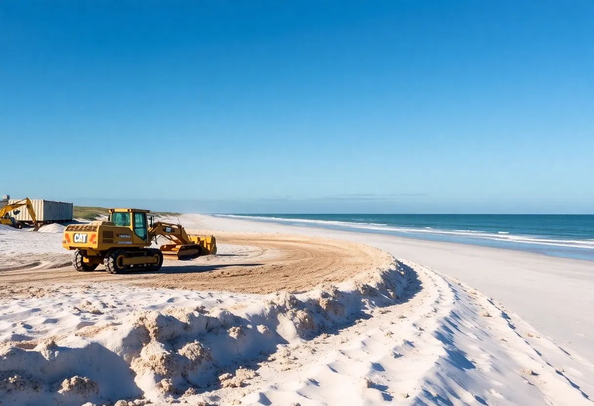 Scenic view of Pinellas County beach under renovation with construction equipment.