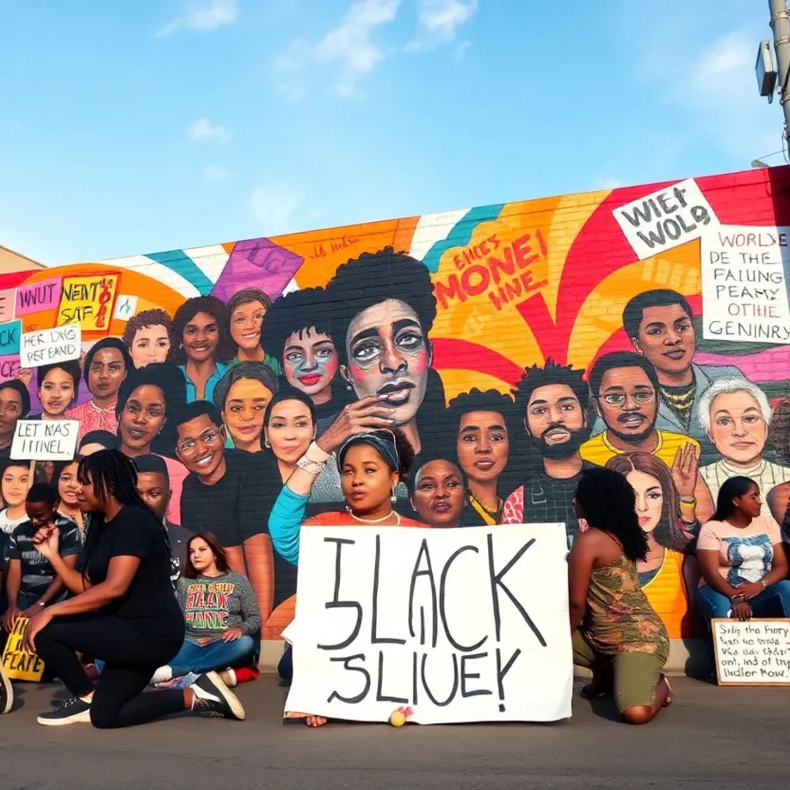 Protestors kneeling in front of a mural symbolizing Black history and justice