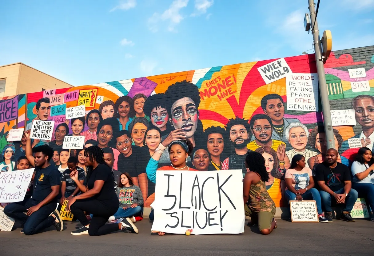 Protestors kneeling in front of a mural symbolizing Black history and justice