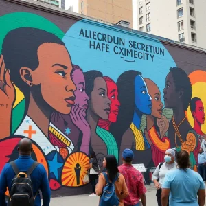 Community gathering in front of mural celebrating Black history