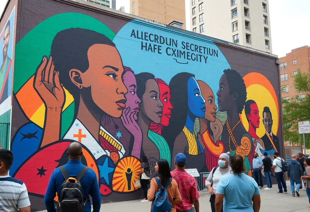 Community gathering in front of mural celebrating Black history