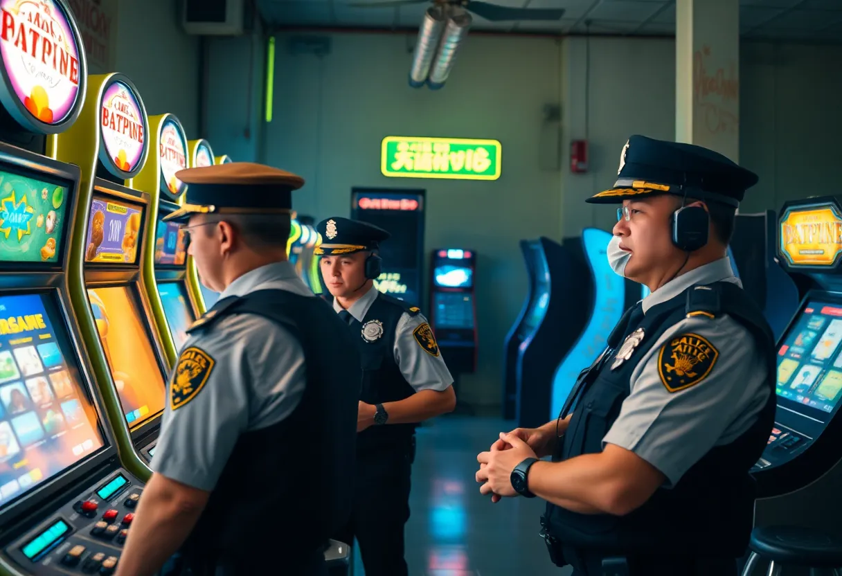 Police conducting operation at an illegal gambling arcade
