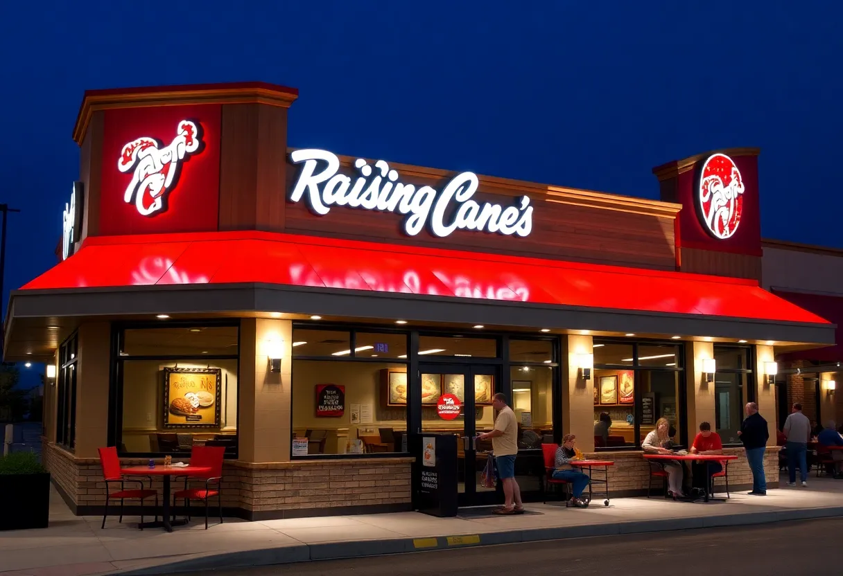 Exterior view of a Raising Cane's restaurant with customers