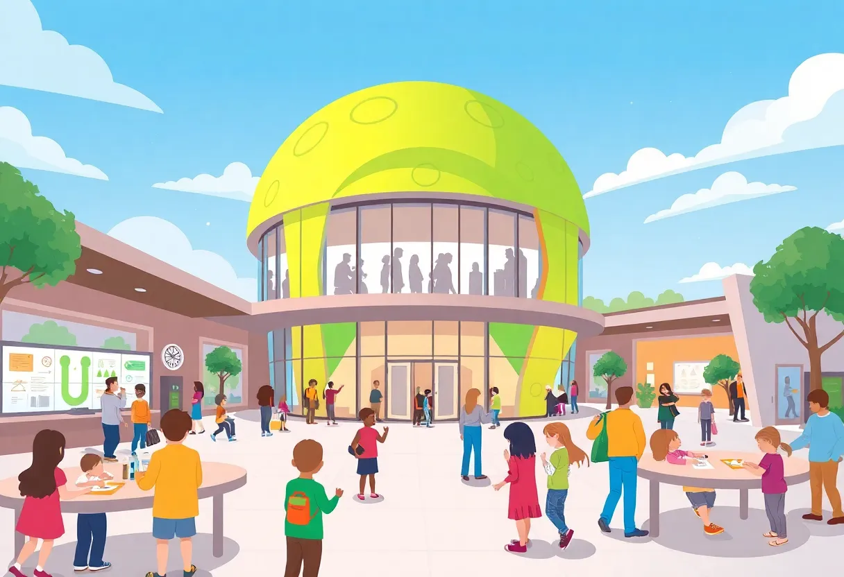 An artistic rendition of a modern St. Petersburg Science Center buzzing with activities.
