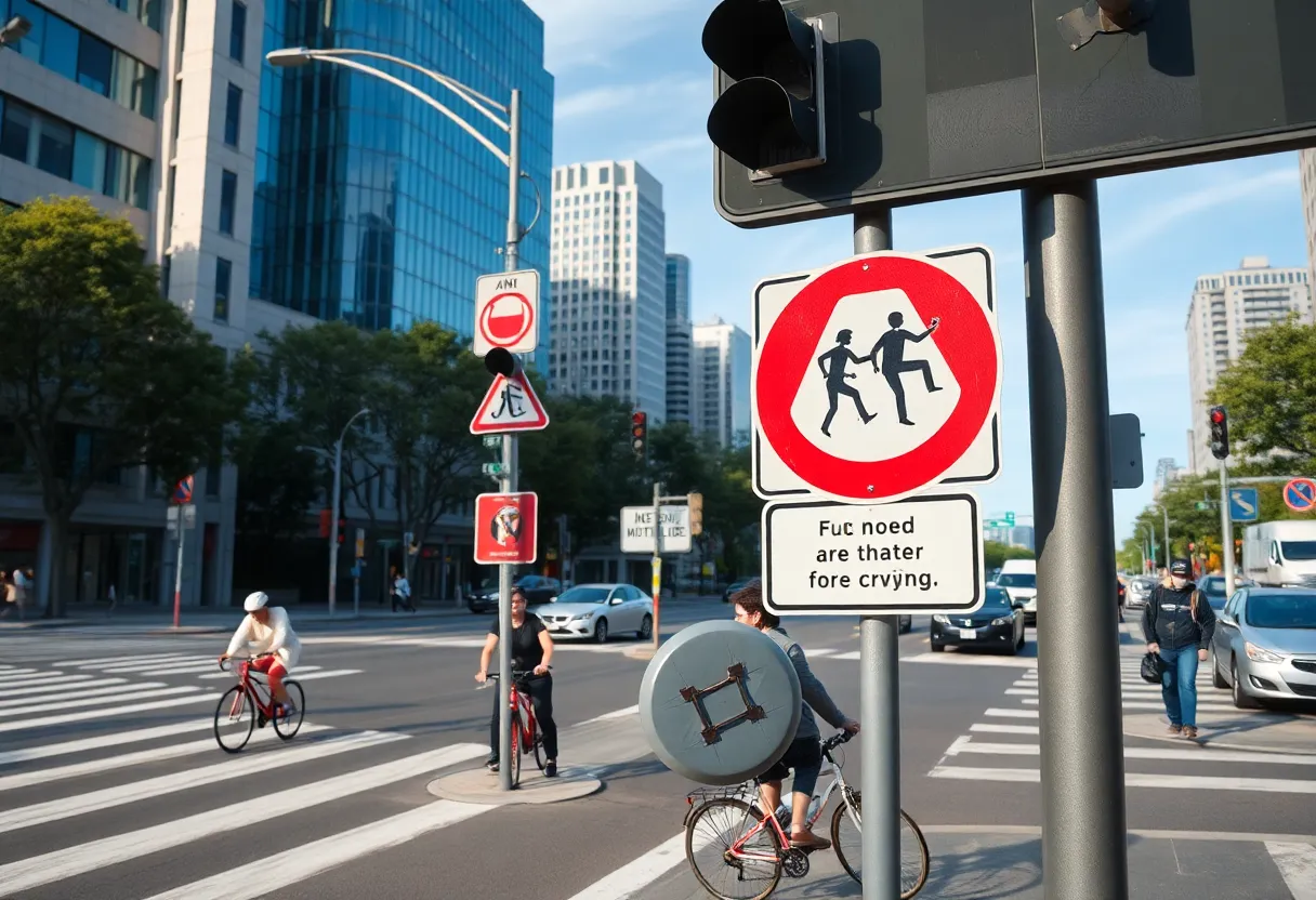 A busy St. Petersburg intersection highlighting road safety for cyclists