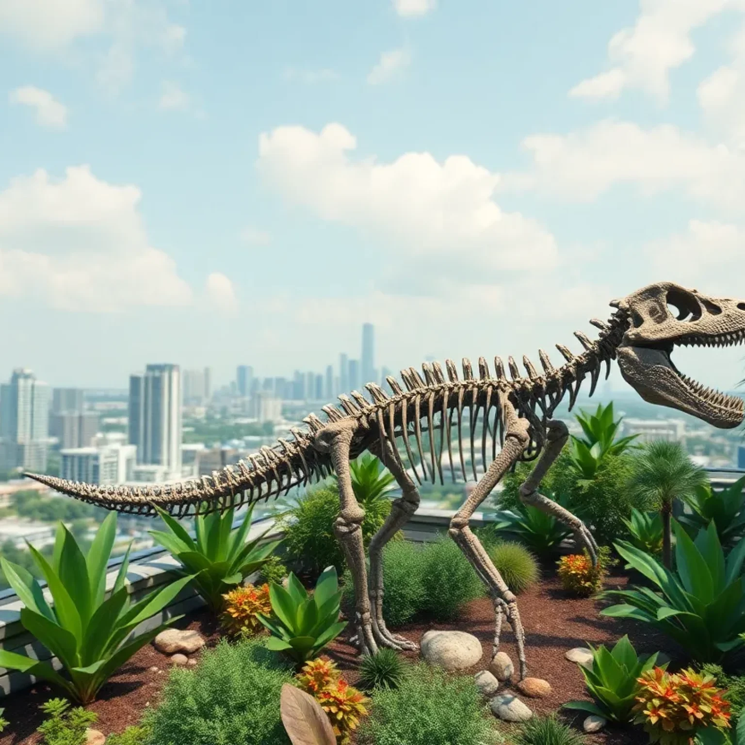 A view of a rooftop dinosaur exhibit in the EDGE District of St. Petersburg featuring a Gorgosaurus skeleton surrounded by lush native plants.