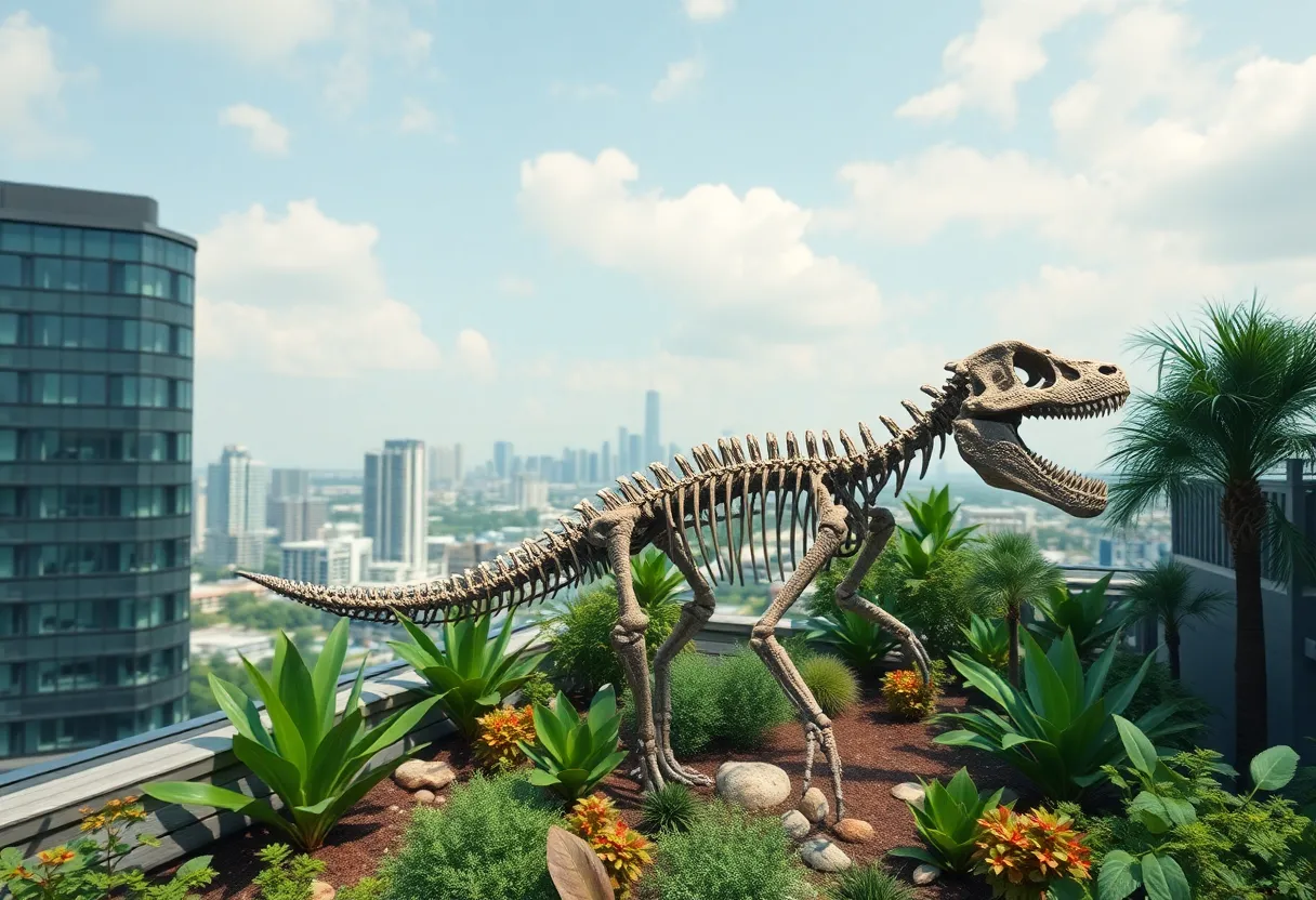 A view of a rooftop dinosaur exhibit in the EDGE District of St. Petersburg featuring a Gorgosaurus skeleton surrounded by lush native plants.