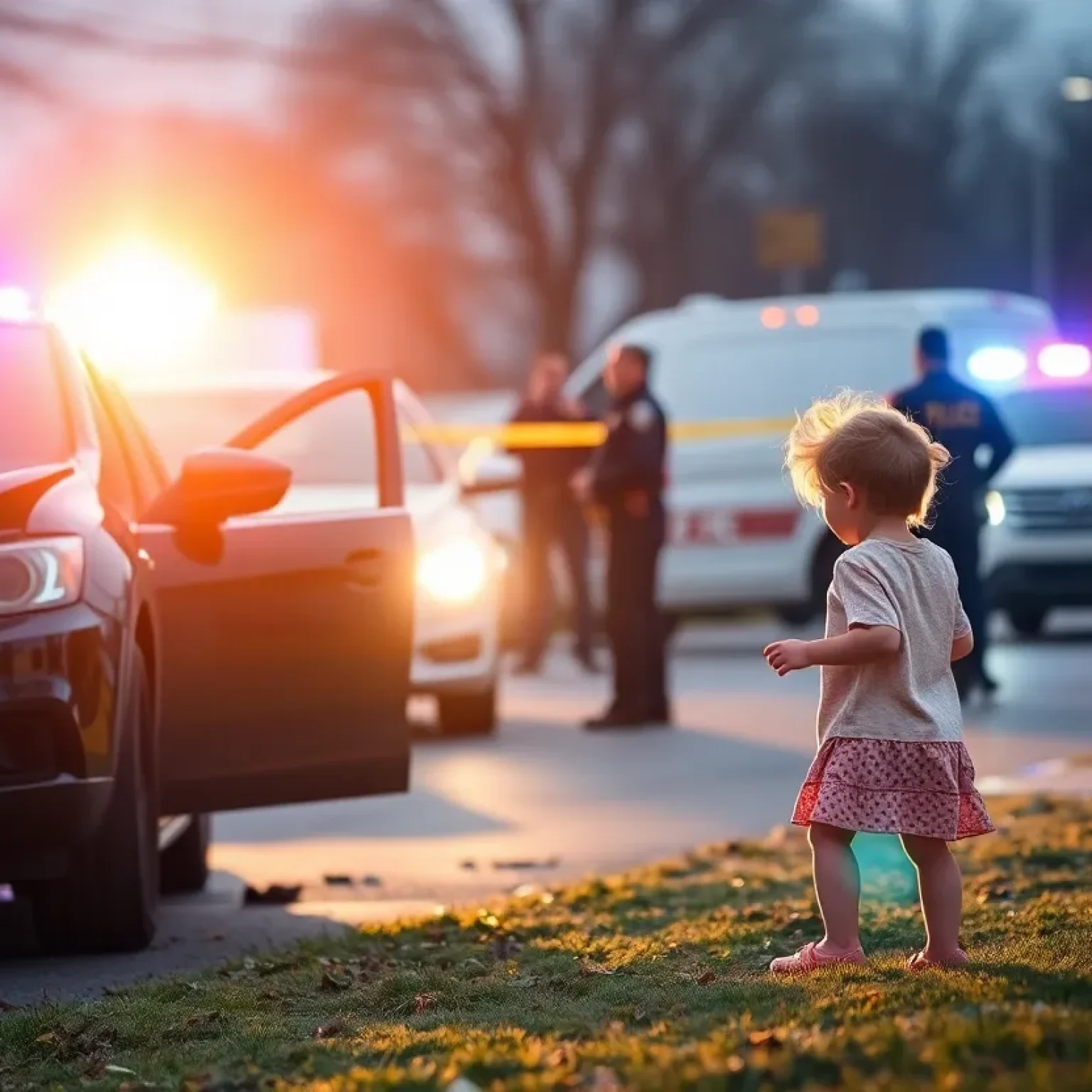 Police officers investigating a shooting scene with a child nearby