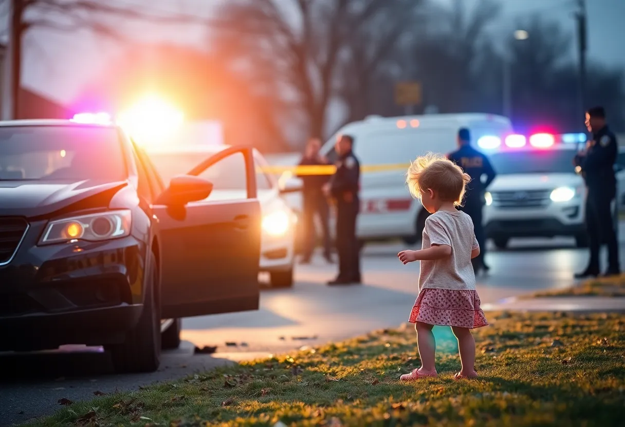 Police officers investigating a shooting scene with a child nearby