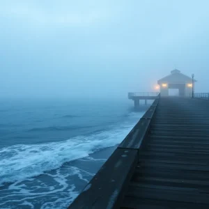 South Skyway Fishing Pier shrouded in morning fog