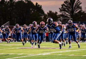 High school football game with players from Southwest Florida Christian School in action on the field.